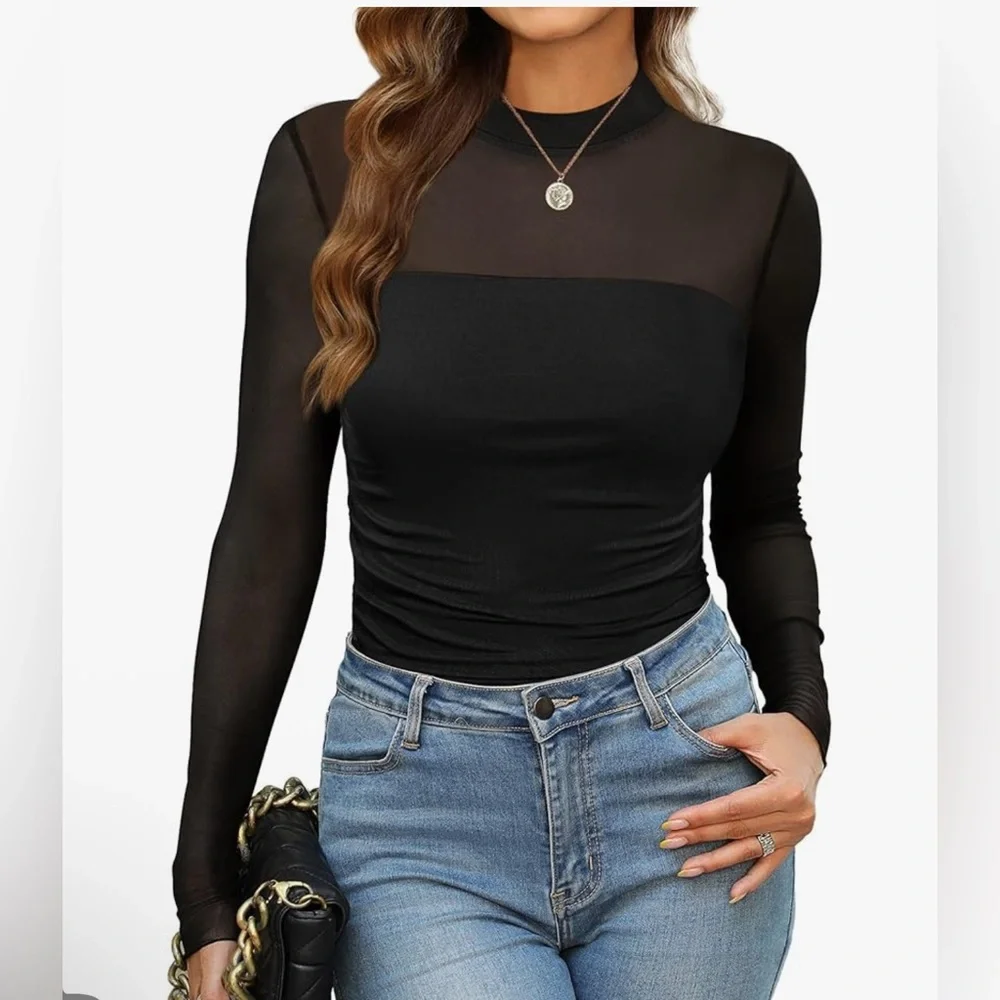 Elegant Black Sheer Long Sleeve Top - Picture 2 of 6